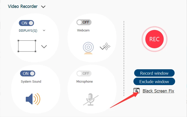 Black Screen Fix button in the main window of iToolshare Screen Recorder